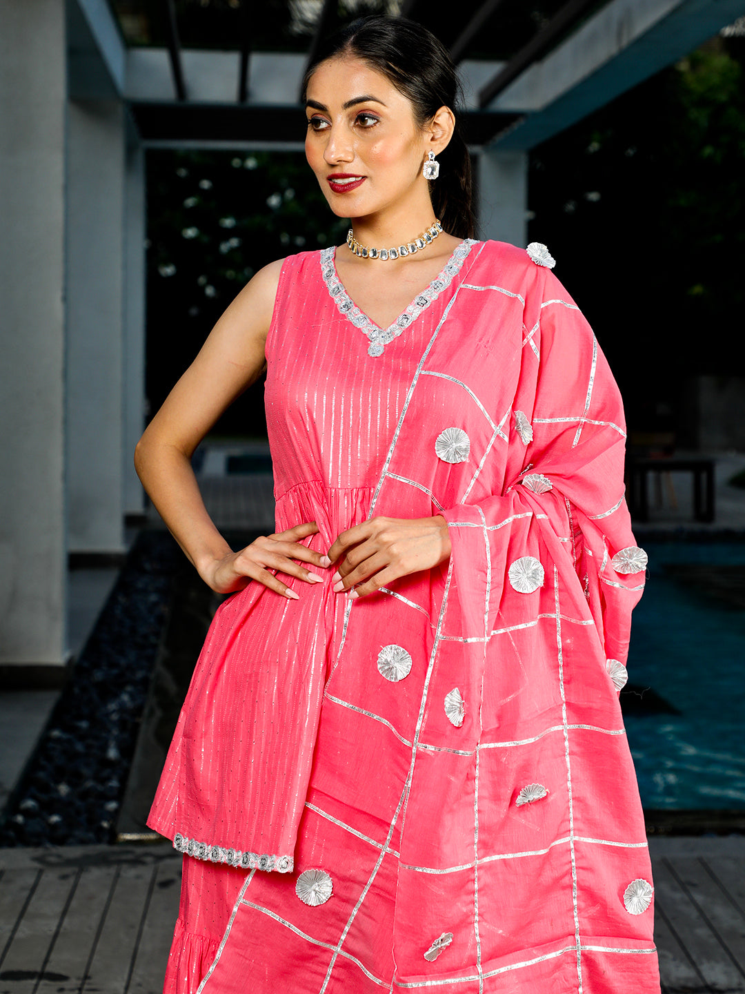 Pink Sequin Kurta Sharara With Dupatta - Elganza