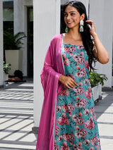Blue Floral Print Kurta Palazzo With Dupatta - Elganza