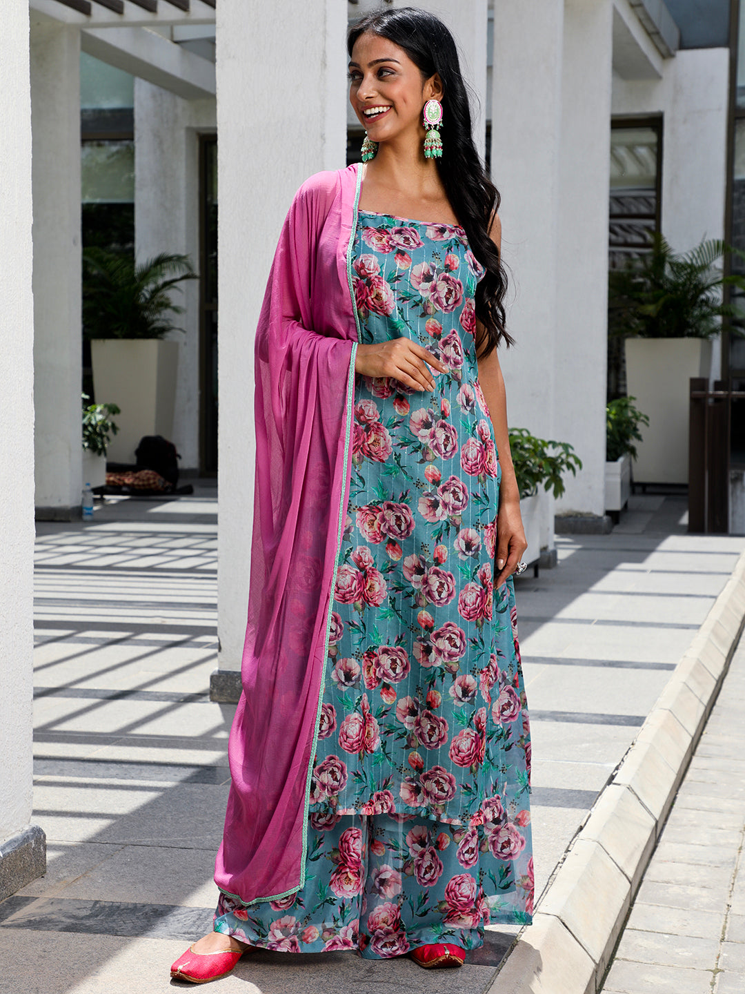 Blue Floral Print Kurta Palazzo With Dupatta - Elganza