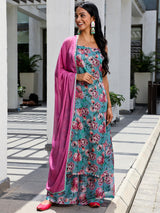 Blue Floral Print Kurta Palazzo With Dupatta - Elganza