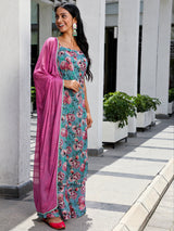 Blue Floral Print Kurta Palazzo With Dupatta - Elganza