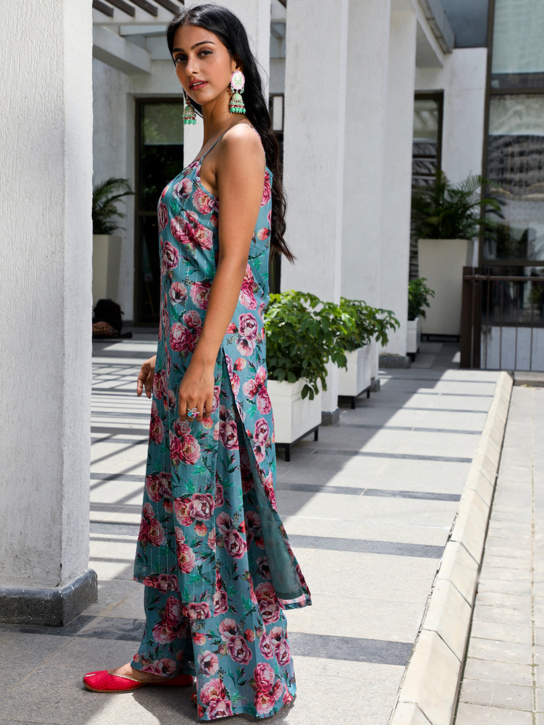 Blue Floral Print Kurta Palazzo With Dupatta - Elganza