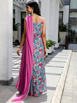 Blue Floral Print Kurta Palazzo With Dupatta - Elganza