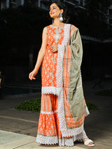 Peach Printed Kurta Sharara With Dupatta - Elganza