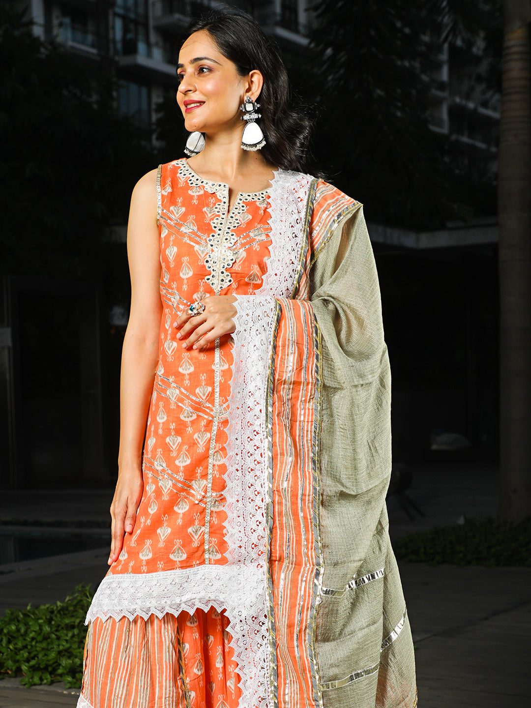 Peach Printed Kurta Sharara With Dupatta - Elganza