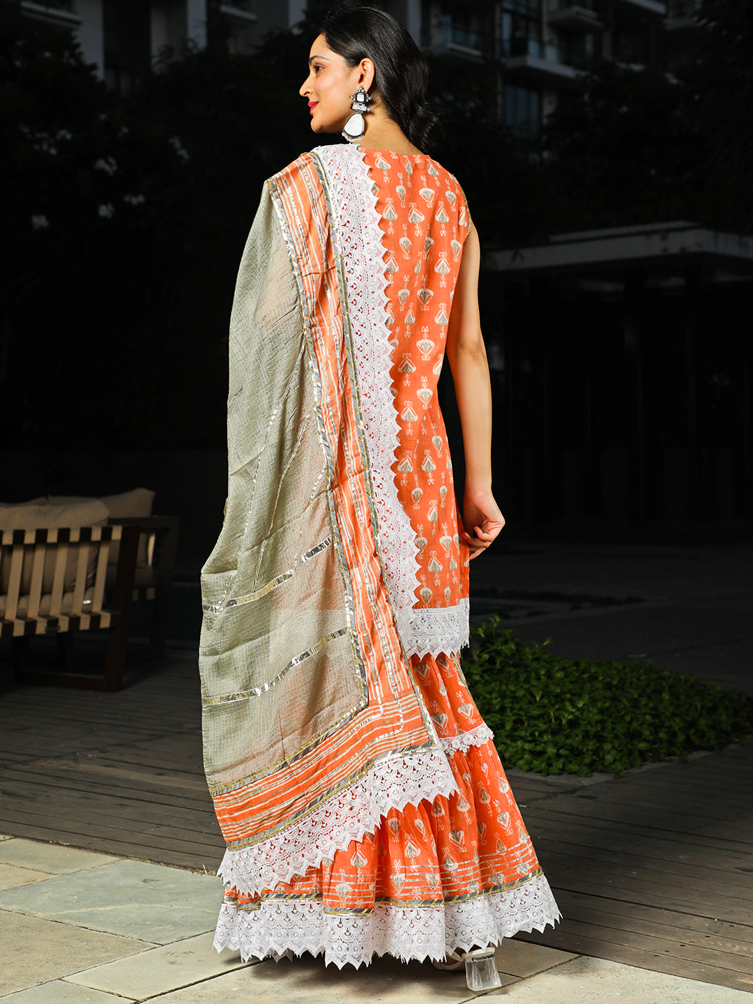 Peach Printed Kurta Sharara With Dupatta - Elganza