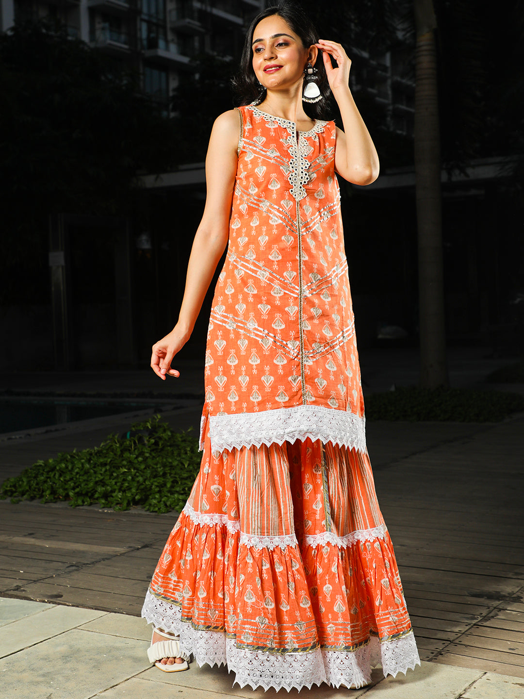 Peach Printed Kurta Sharara With Dupatta - Elganza