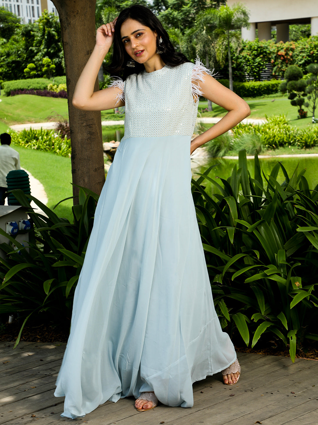 Blue Sequin Flared Maxi Dress - Elganza