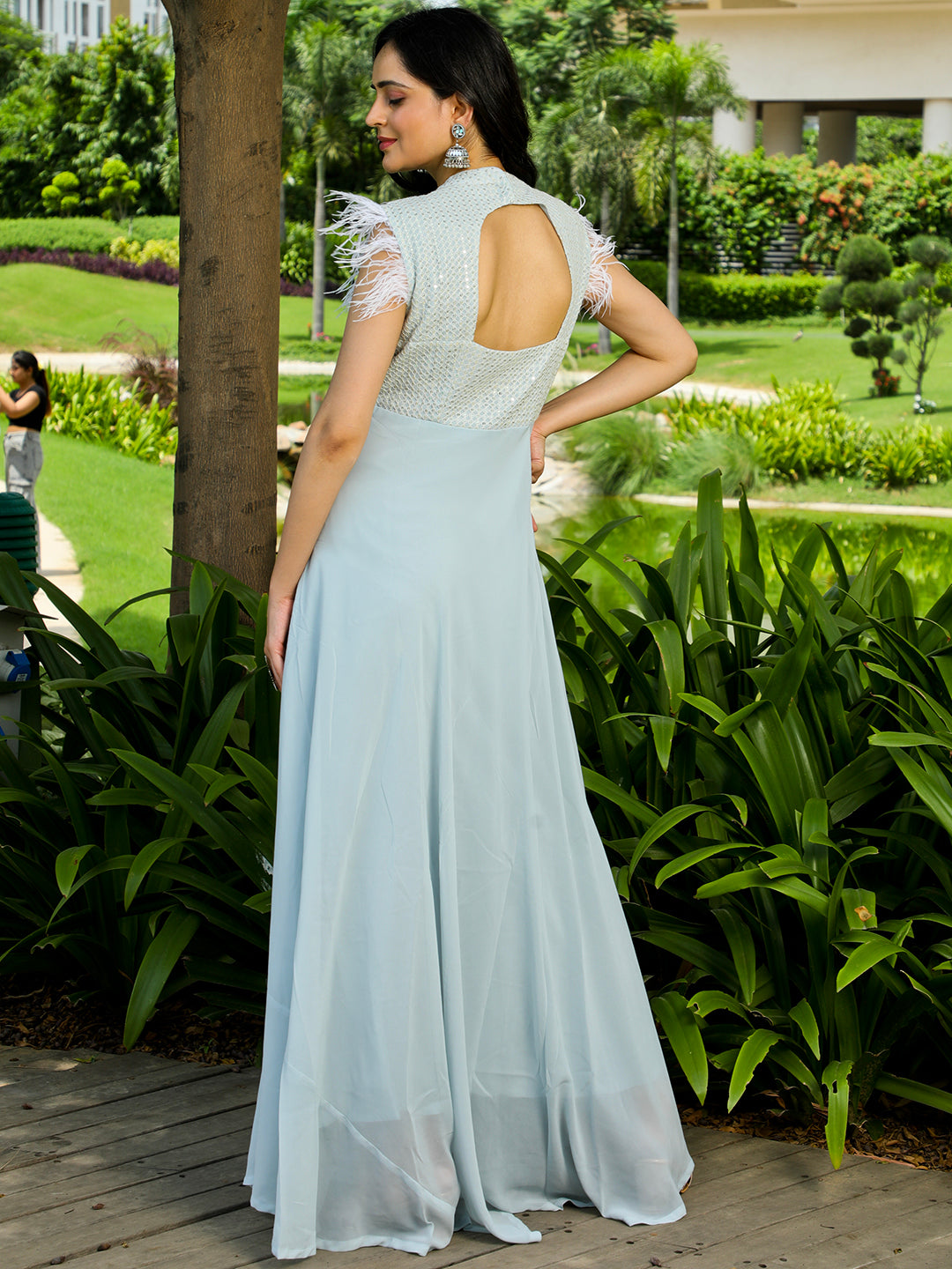 Blue Sequin Flared Maxi Dress - Elganza