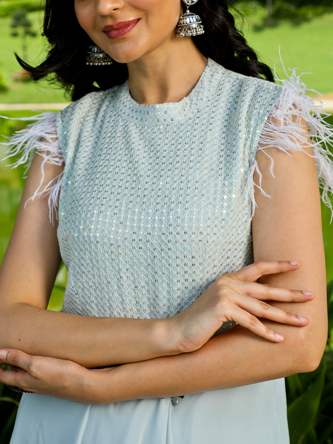 Blue Sequin Flared Maxi Dress - Elganza