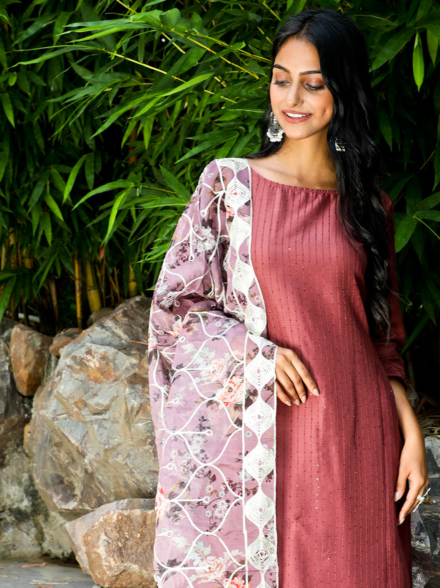 Brown Sequin Kurta Palazzo With Gota Work Dupatta - Elganza