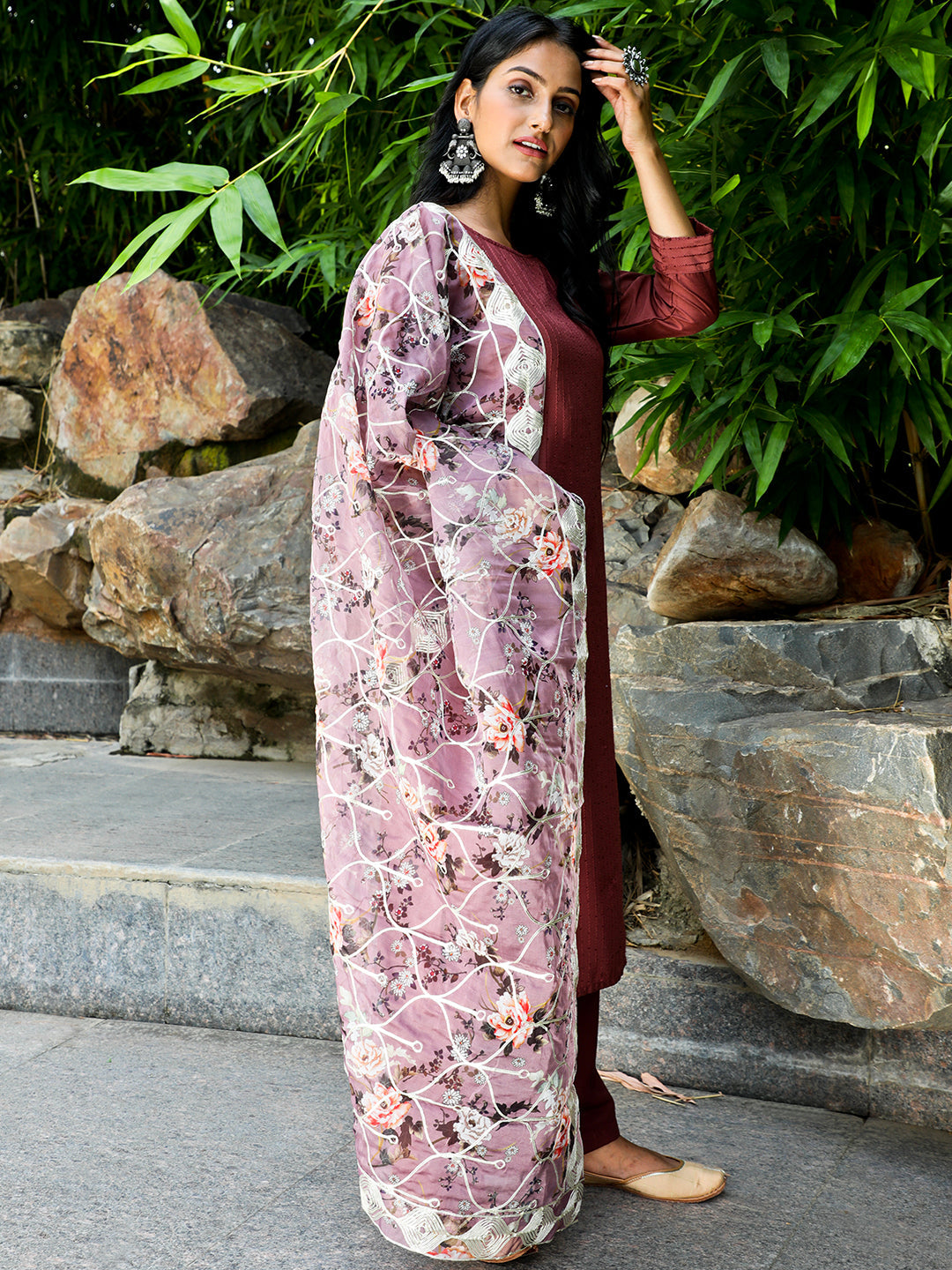 Brown Sequin Kurta Palazzo With Gota Work Dupatta - Elganza