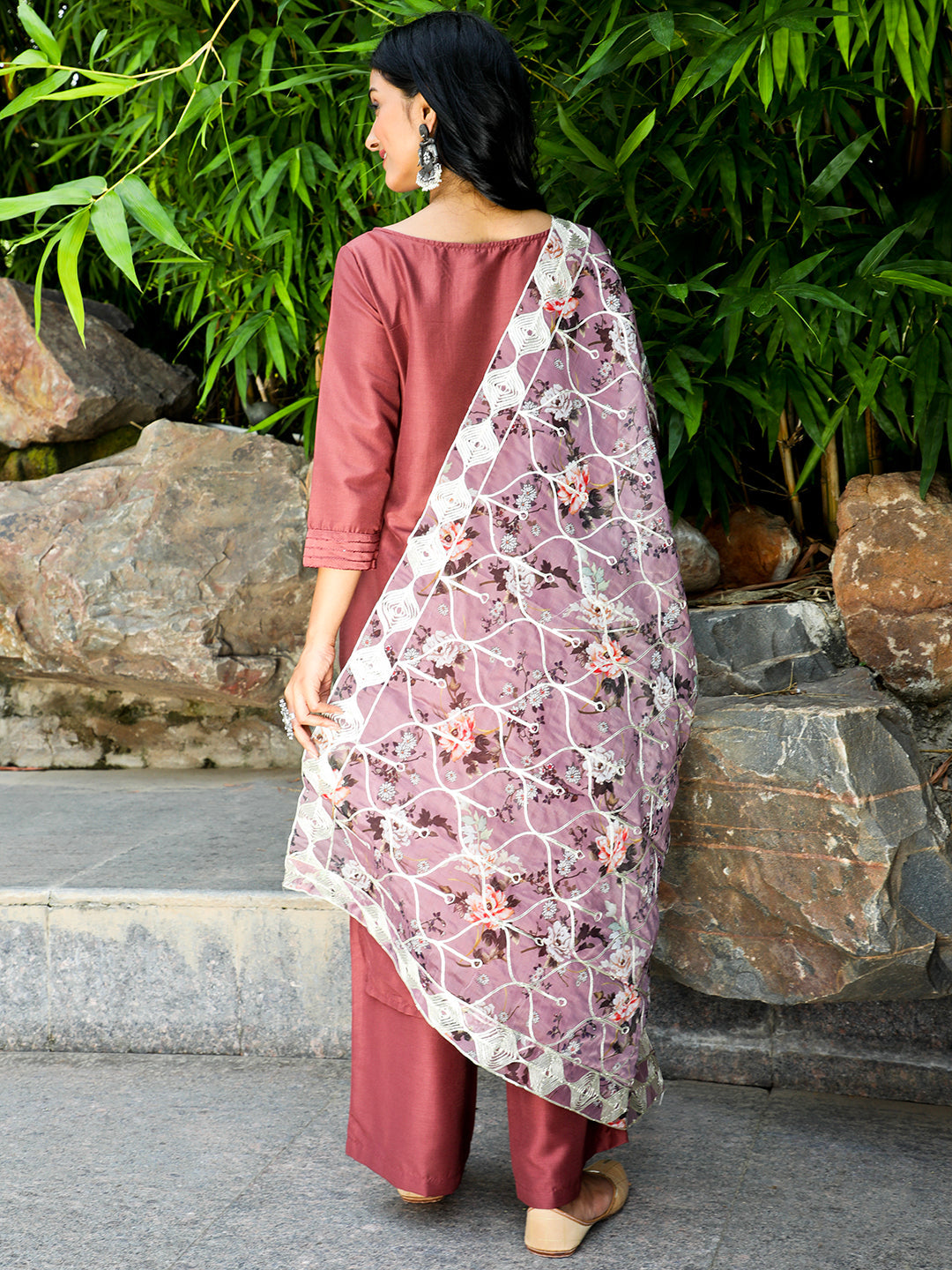 Brown Sequin Kurta Palazzo With Gota Work Dupatta - Elganza