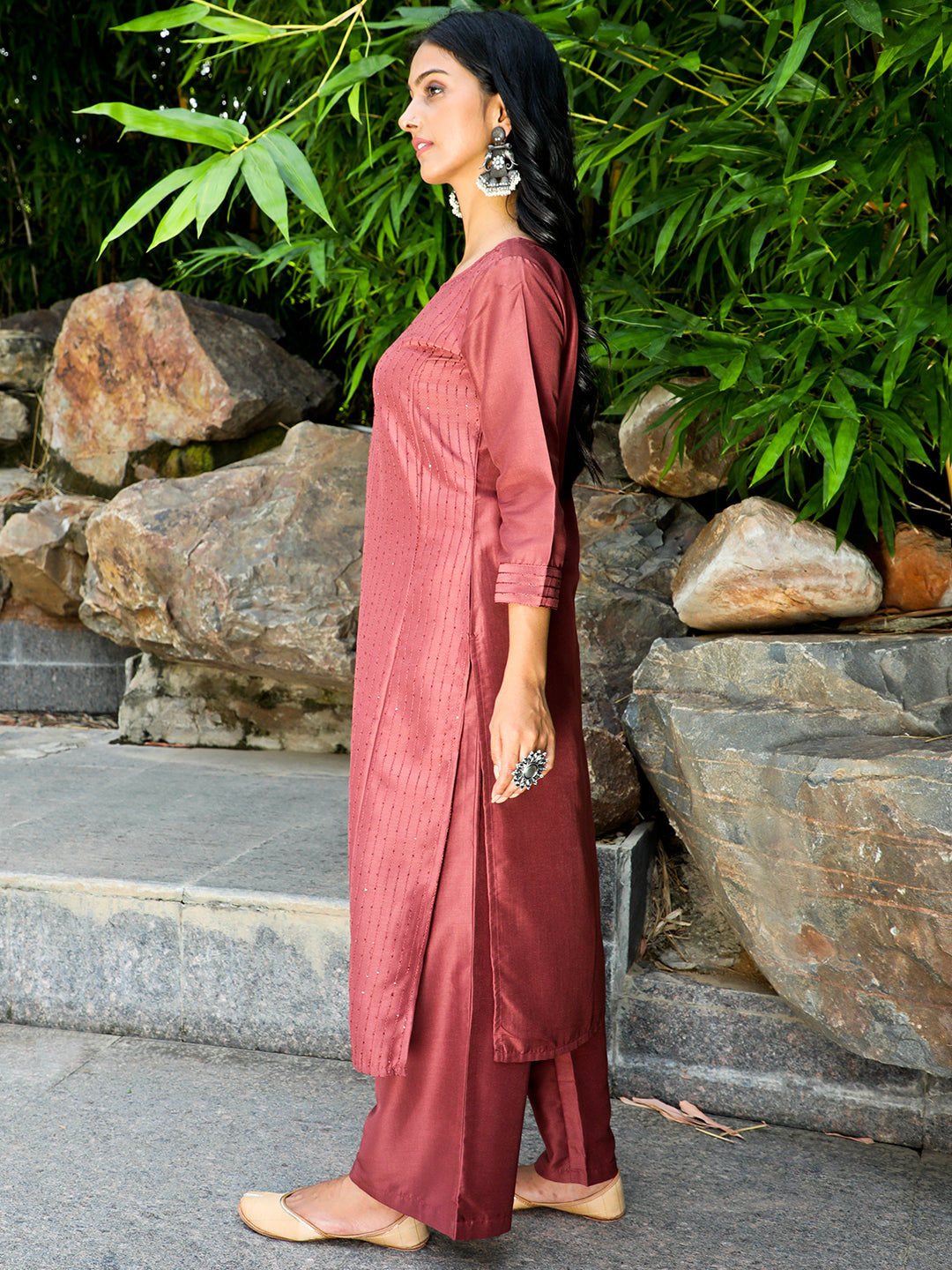 Brown Sequin Kurta Palazzo With Gota Work Dupatta - Elganza