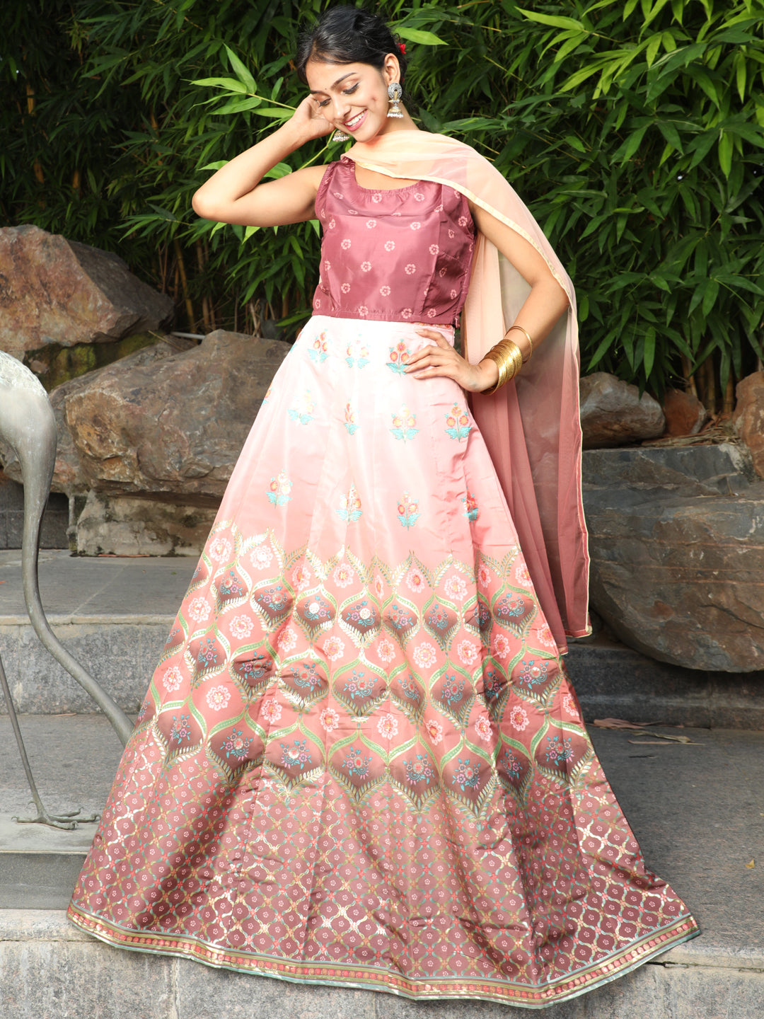 Brown Floral Print Lehenga Choli Set - Elganza