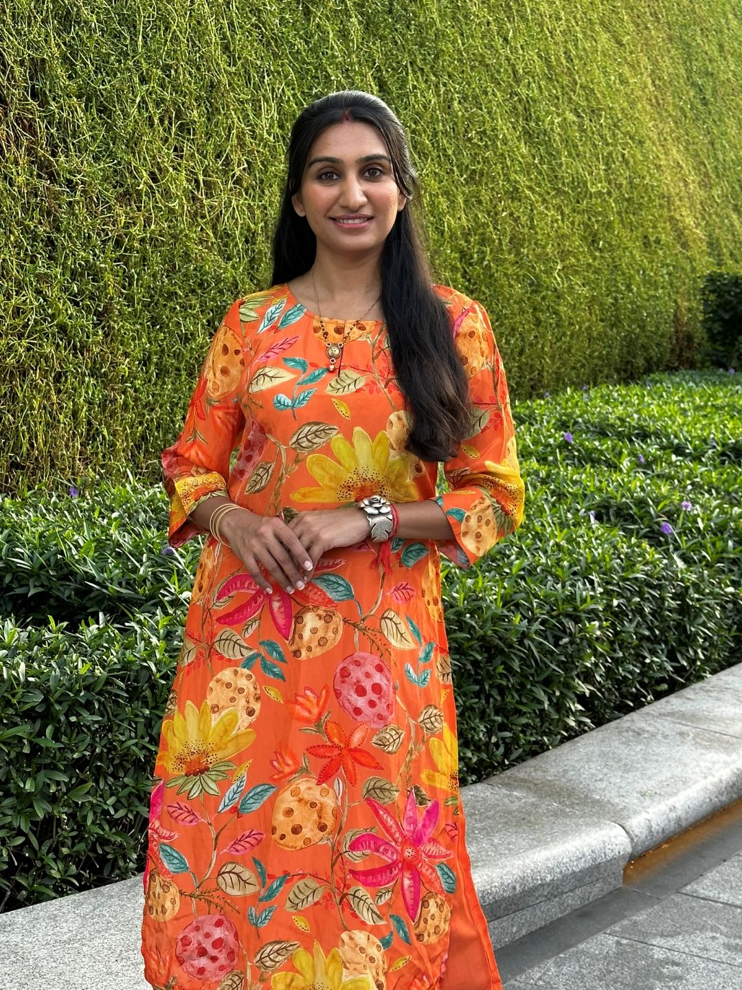 Orange Floral Viscose Crepe Kurta Palazzo - Elganza