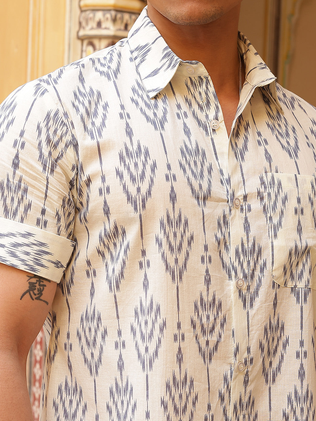 Cream Ethnic Motifs Shirt - Elganza