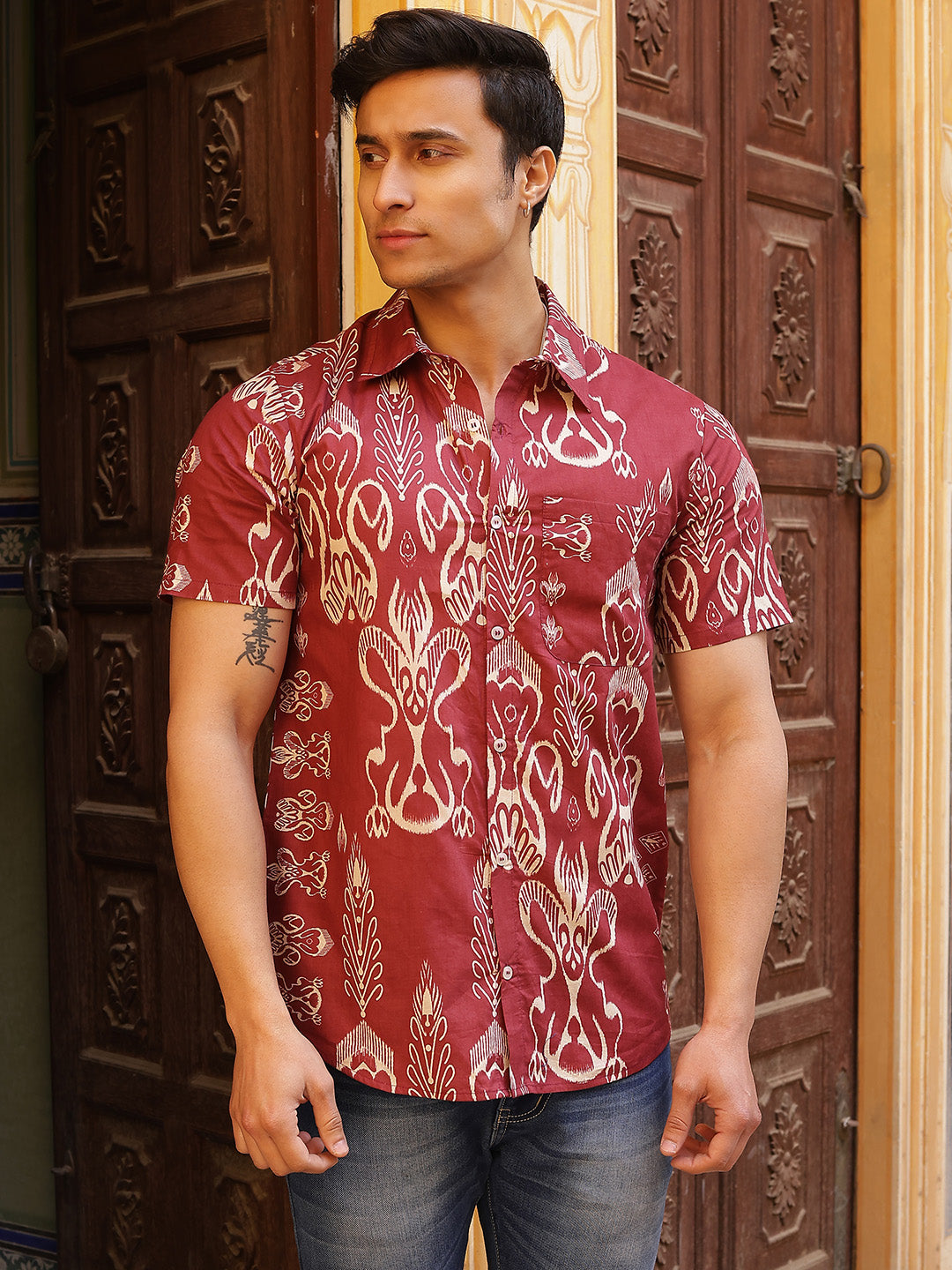 Maroon Ethnic Motifs Shirt - Elganza
