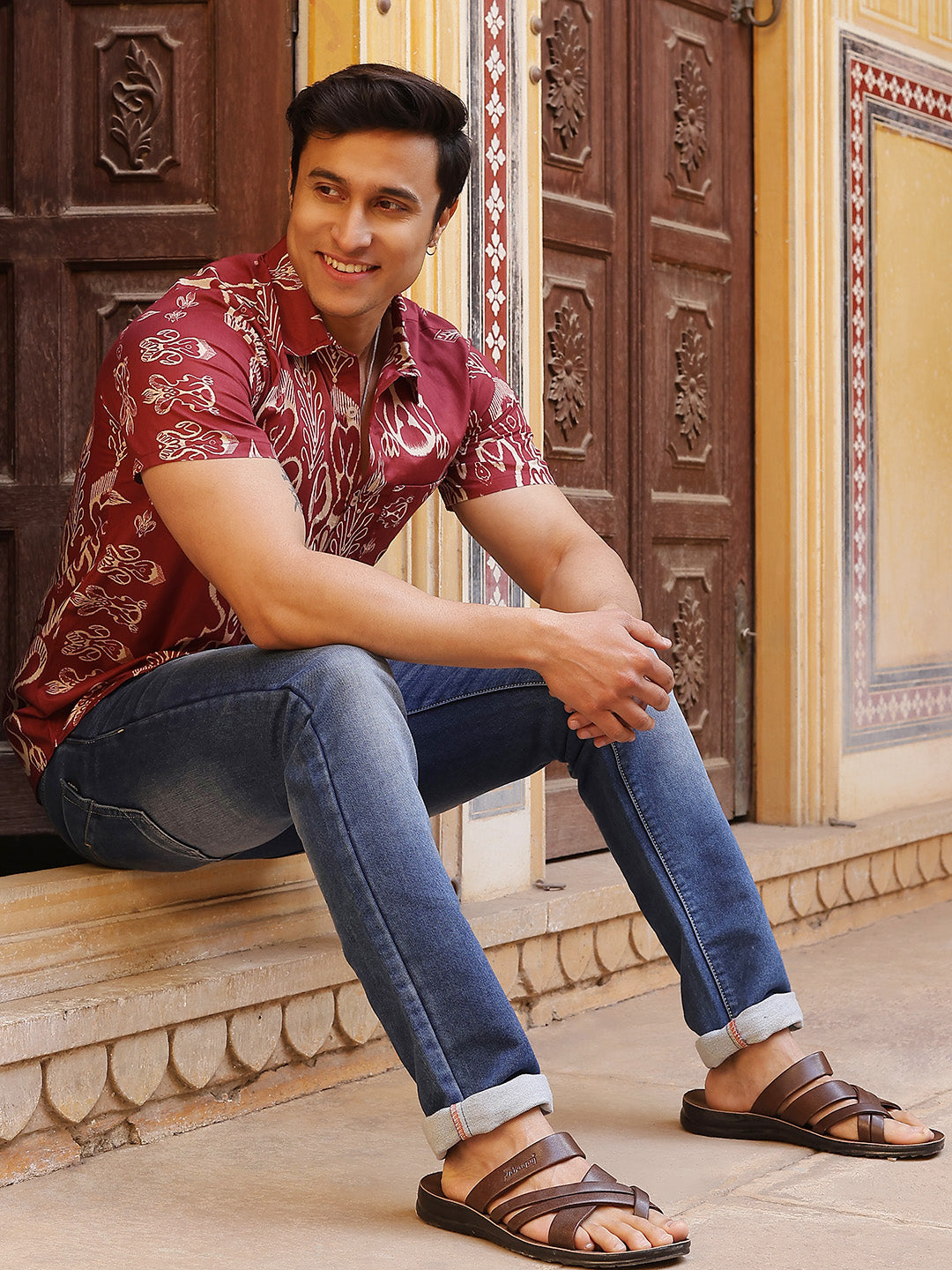 Maroon Ethnic Motifs Shirt - Elganza