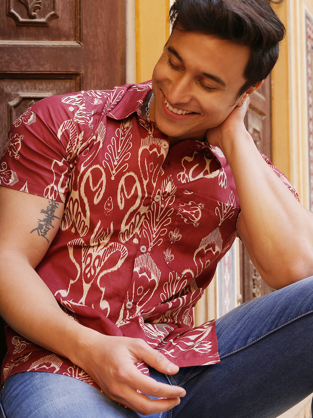 Maroon Ethnic Motifs Shirt - Elganza