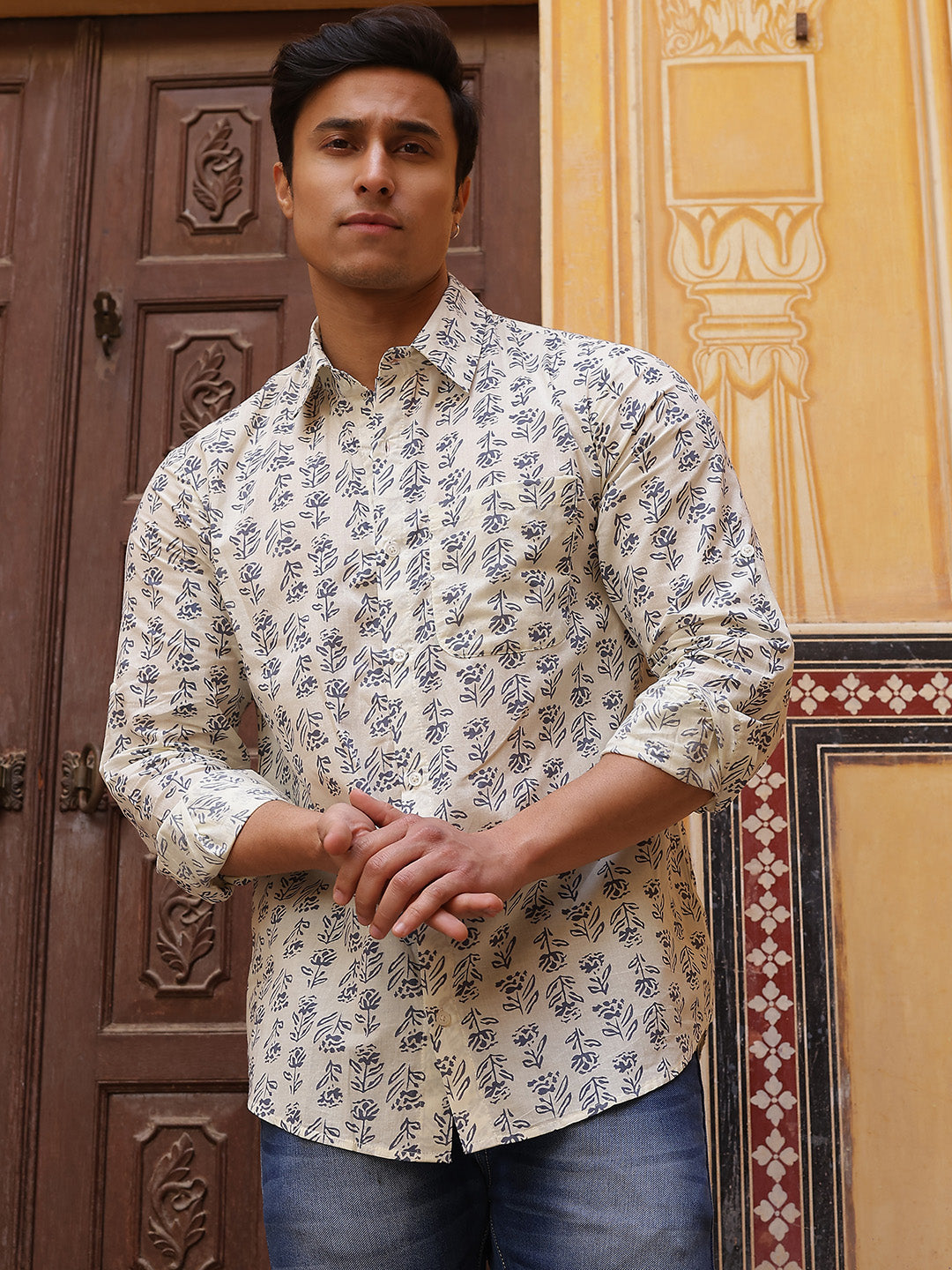 Cream Floral Print Shirt - Elganza