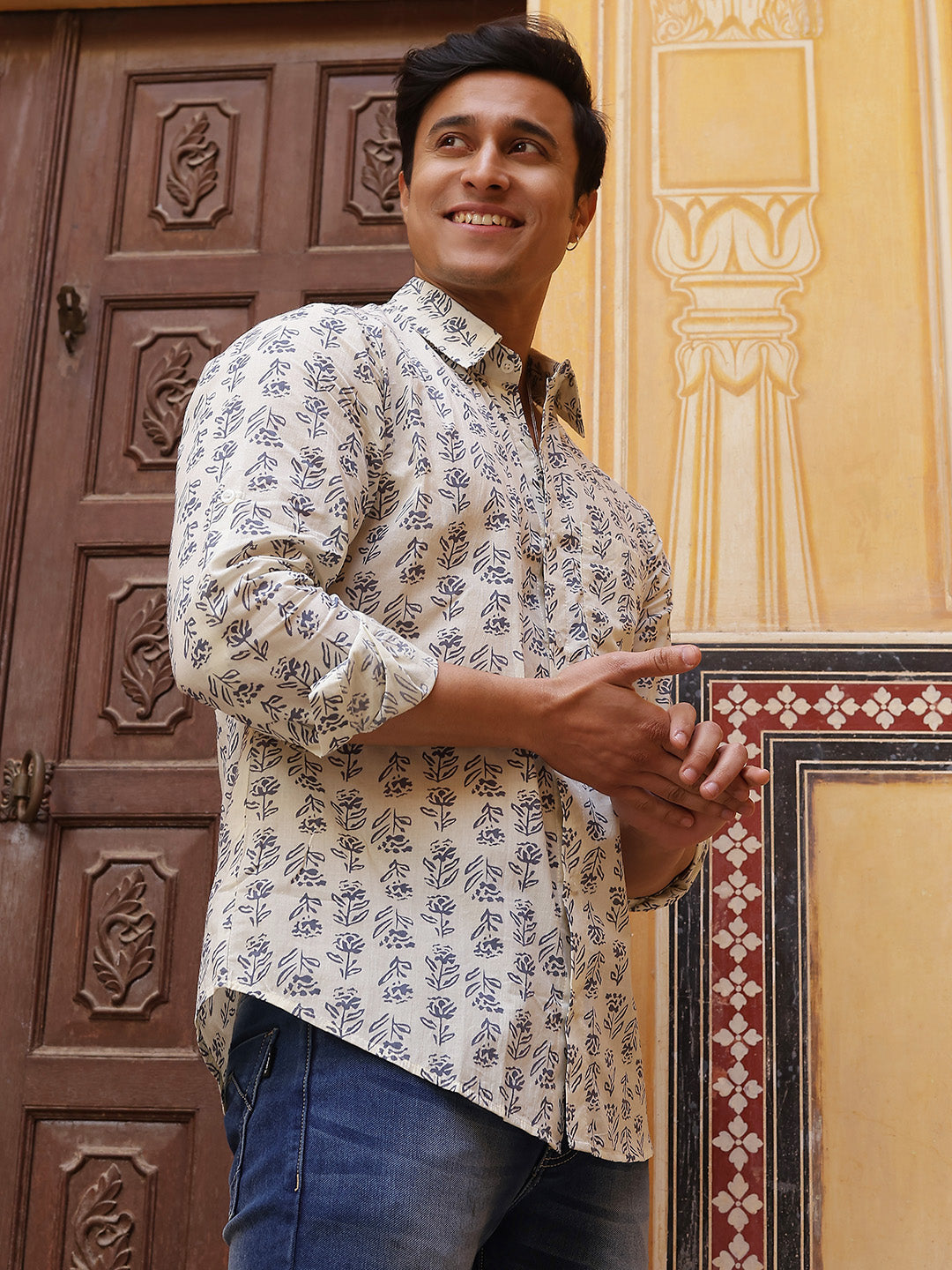 Cream Floral Print Shirt - Elganza