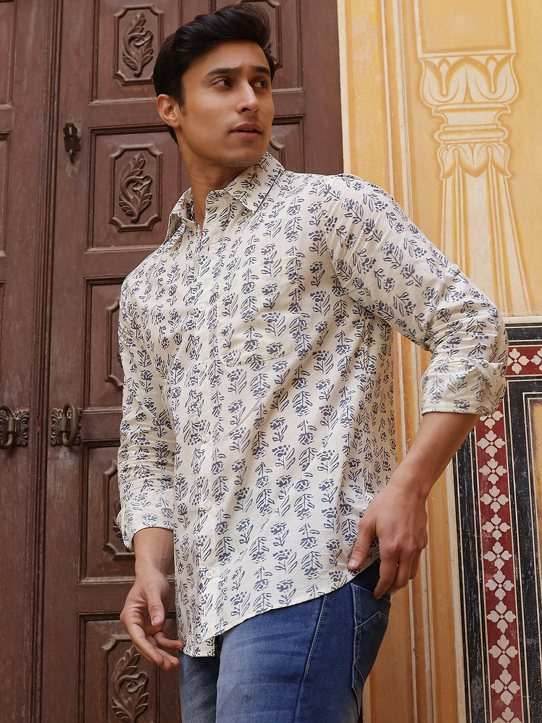 Cream Floral Print Shirt - Elganza