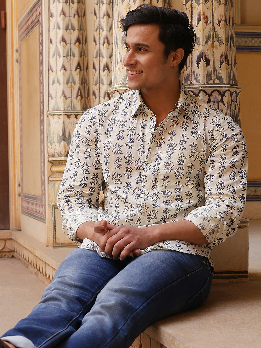 Cream Floral Print Shirt - Elganza