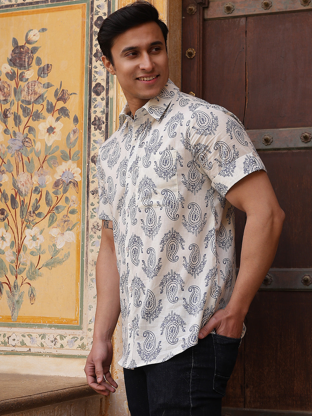 Cream Ethnic Motifs Shirt - Elganza