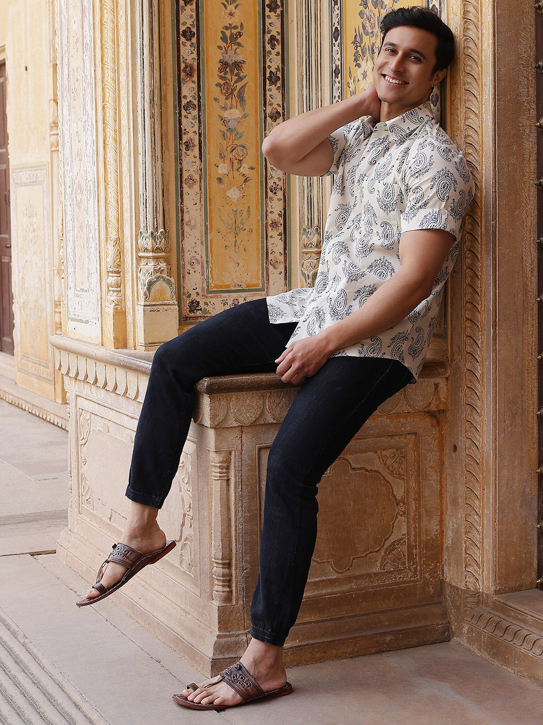 Cream Ethnic Motifs Shirt - Elganza