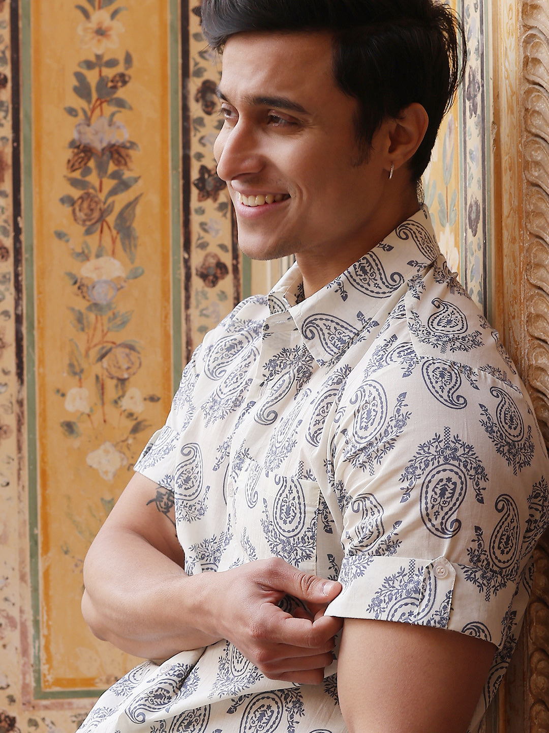 Cream Ethnic Motifs Shirt - Elganza