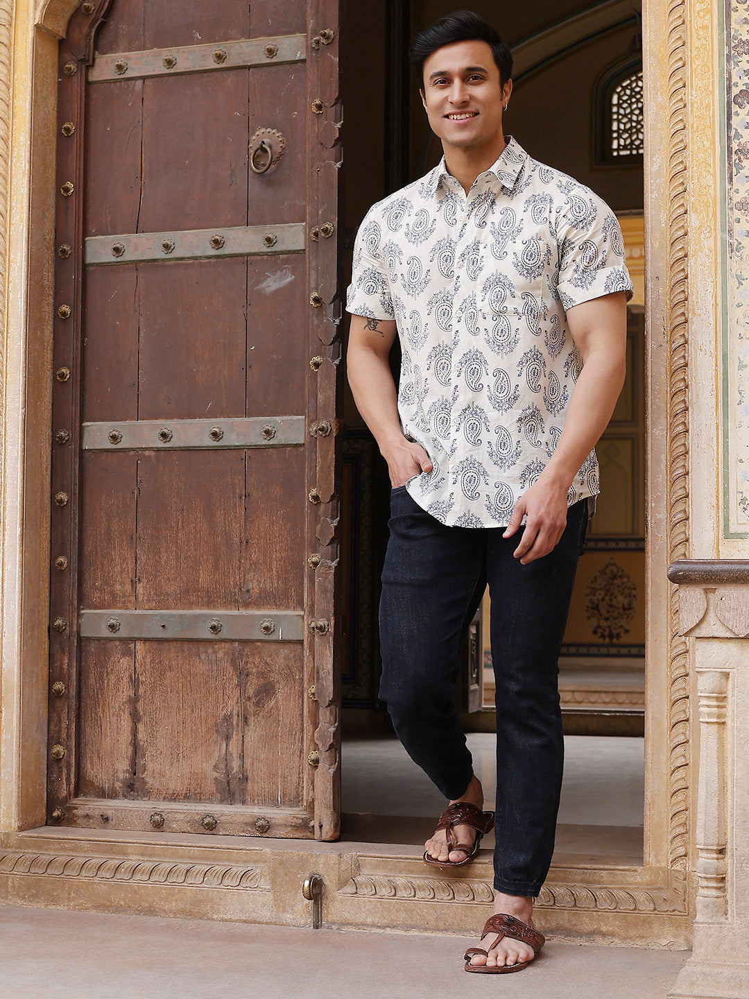 Cream Ethnic Motifs Shirt - Elganza