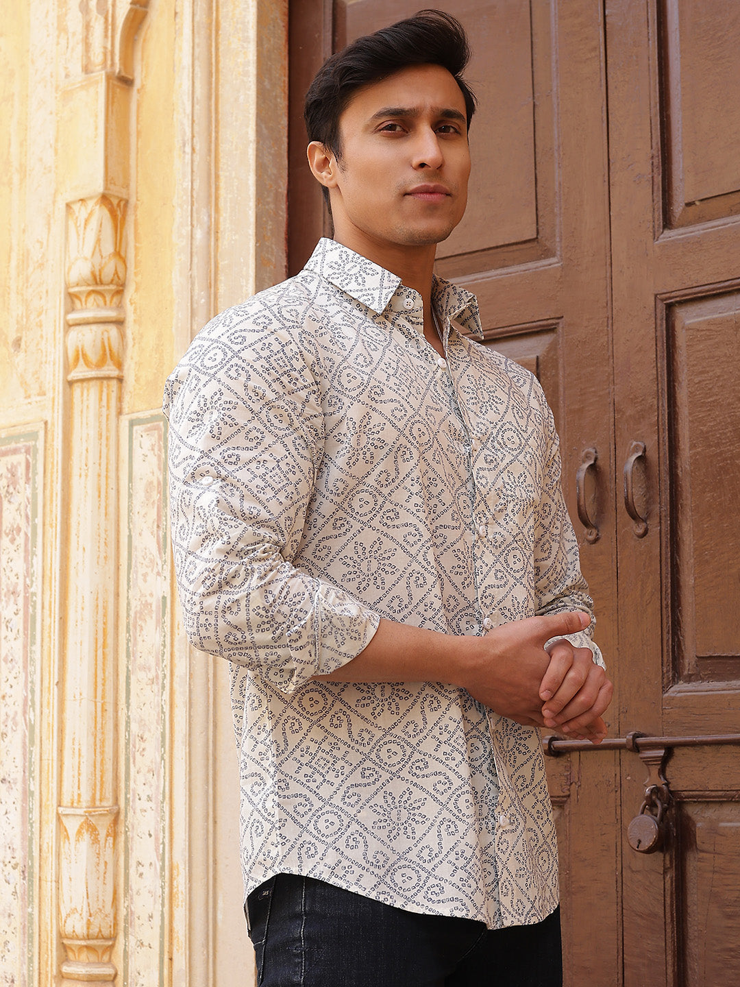 Cream Geometric Shirt - Elganza