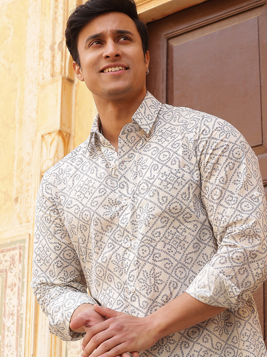 Cream Geometric Shirt - Elganza