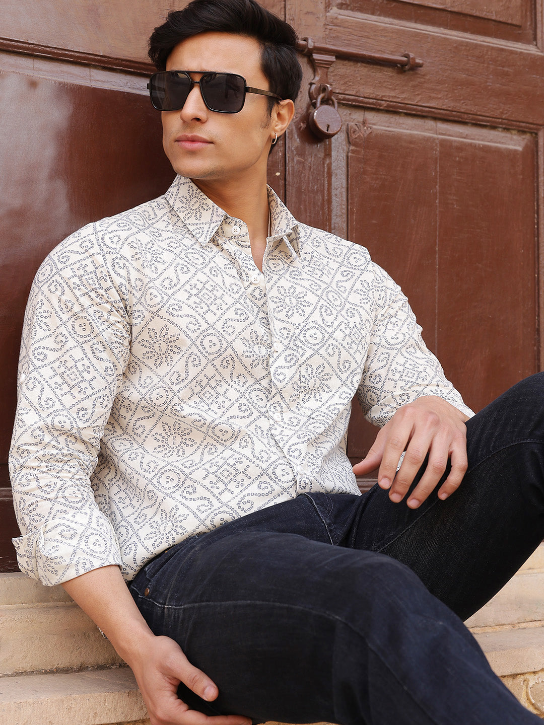 Cream Geometric Shirt - Elganza