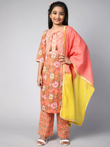 Peach Floral Print Kurta Palazzo With Dupatta - Elganza
