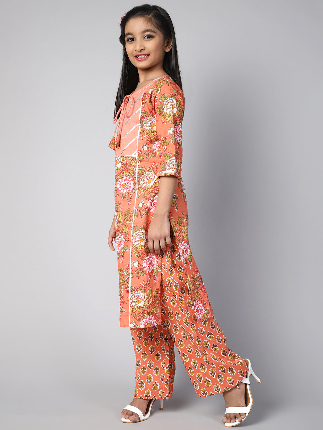 Peach Floral Print Kurta Palazzo With Dupatta - Elganza