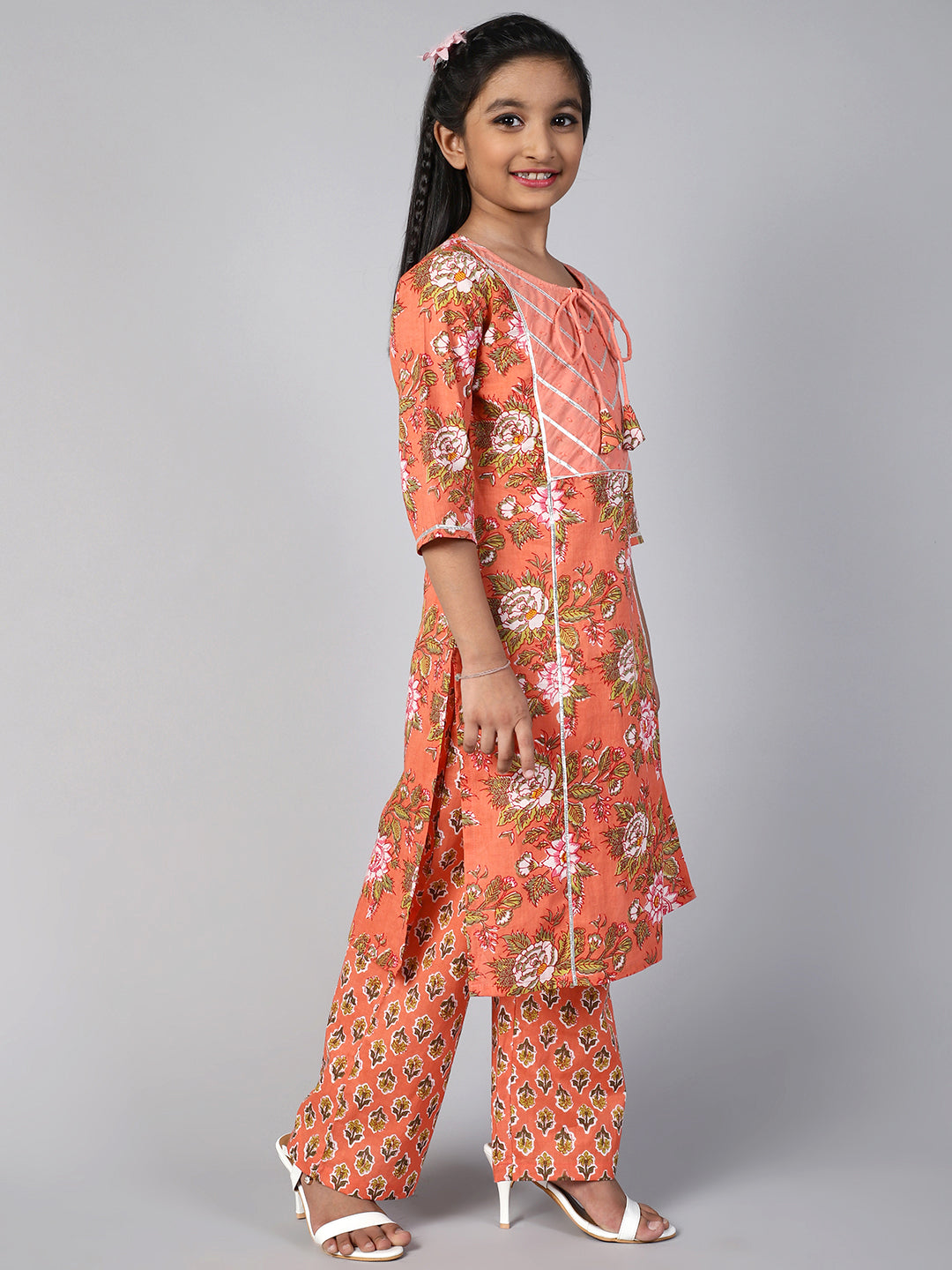 Peach Floral Print Kurta Palazzo With Dupatta - Elganza