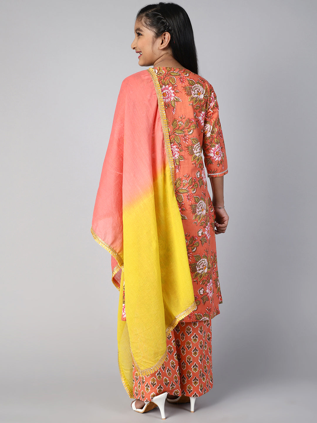 Peach Floral Print Kurta Palazzo With Dupatta - Elganza