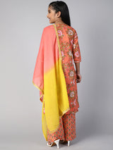 Peach Floral Print Kurta Palazzo With Dupatta - Elganza