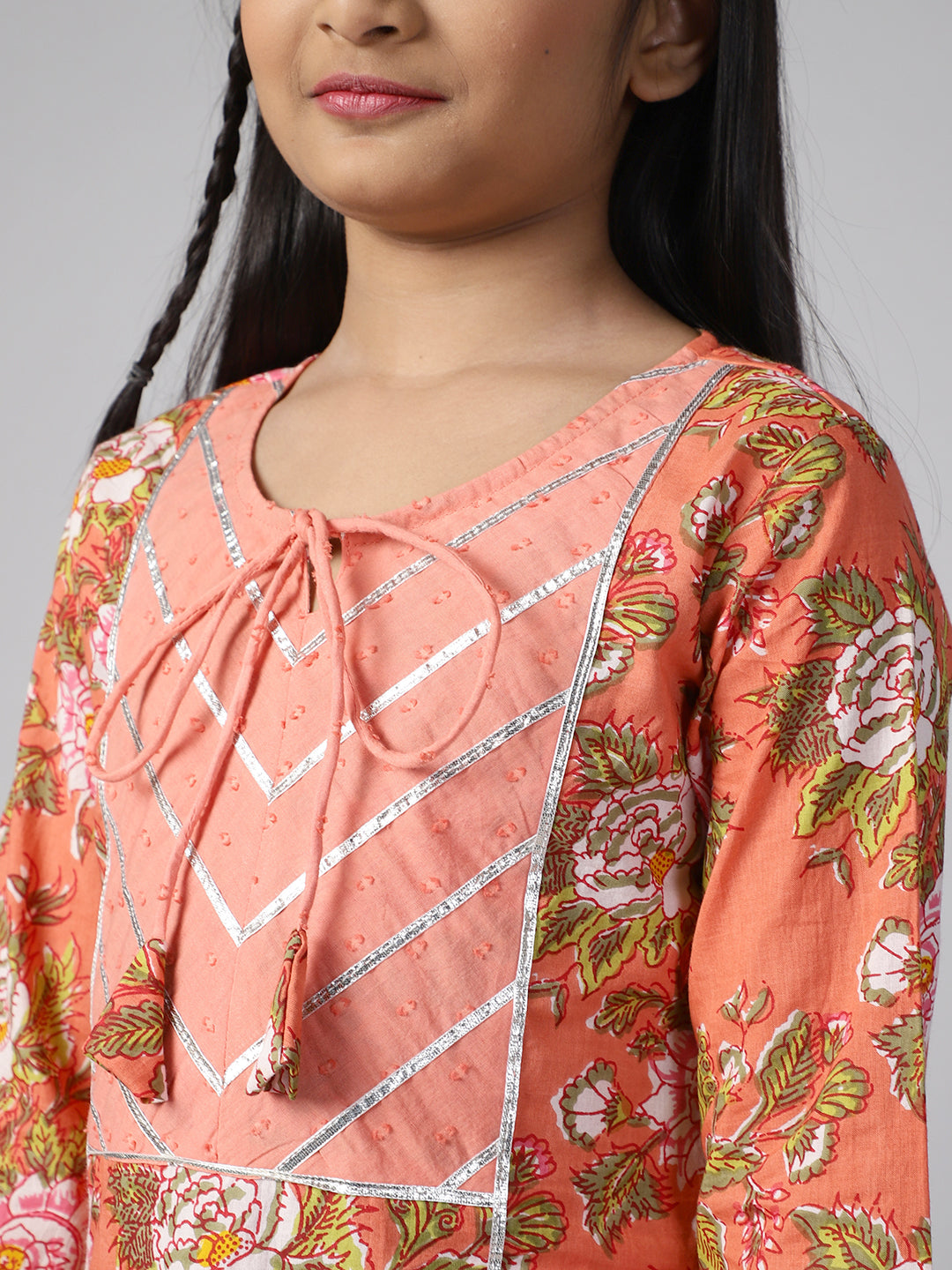 Peach Floral Print Kurta Palazzo With Dupatta - Elganza