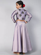 Lavender Flock Printed Lehenga Choli With Potli bag - Elganza
