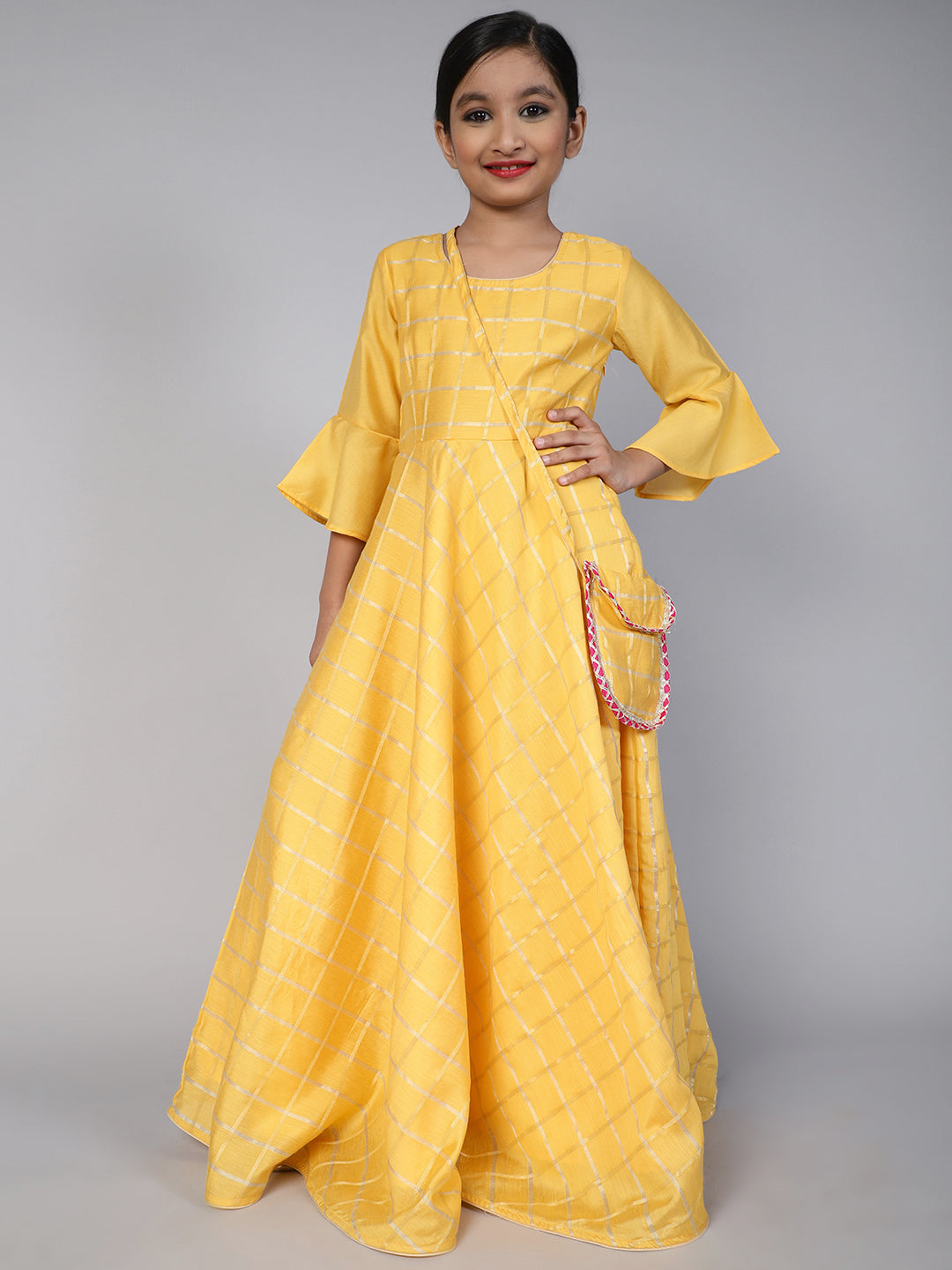 Yellow Checked Maxi Dress With Bag - Elganza