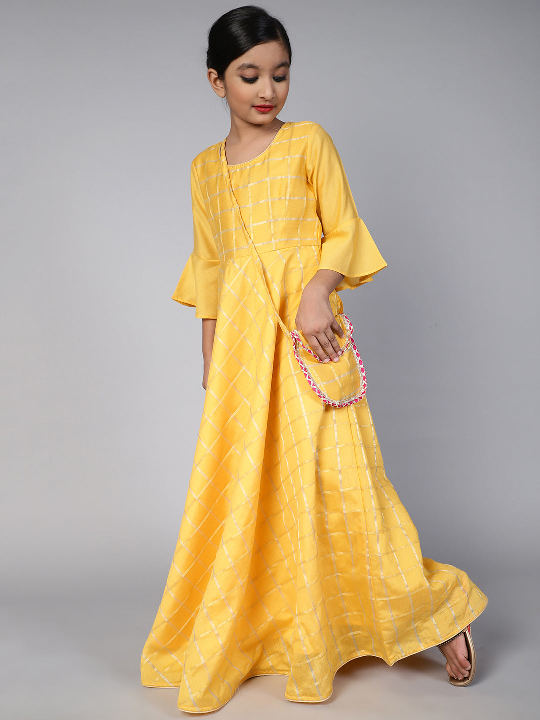 Yellow Checked Maxi Dress With Bag - Elganza