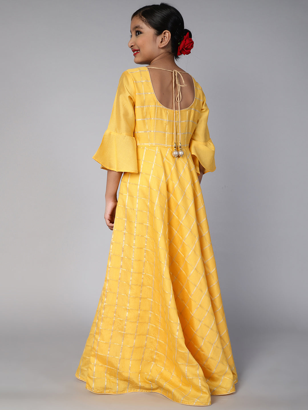 Yellow Checked Maxi Dress With Bag - Elganza
