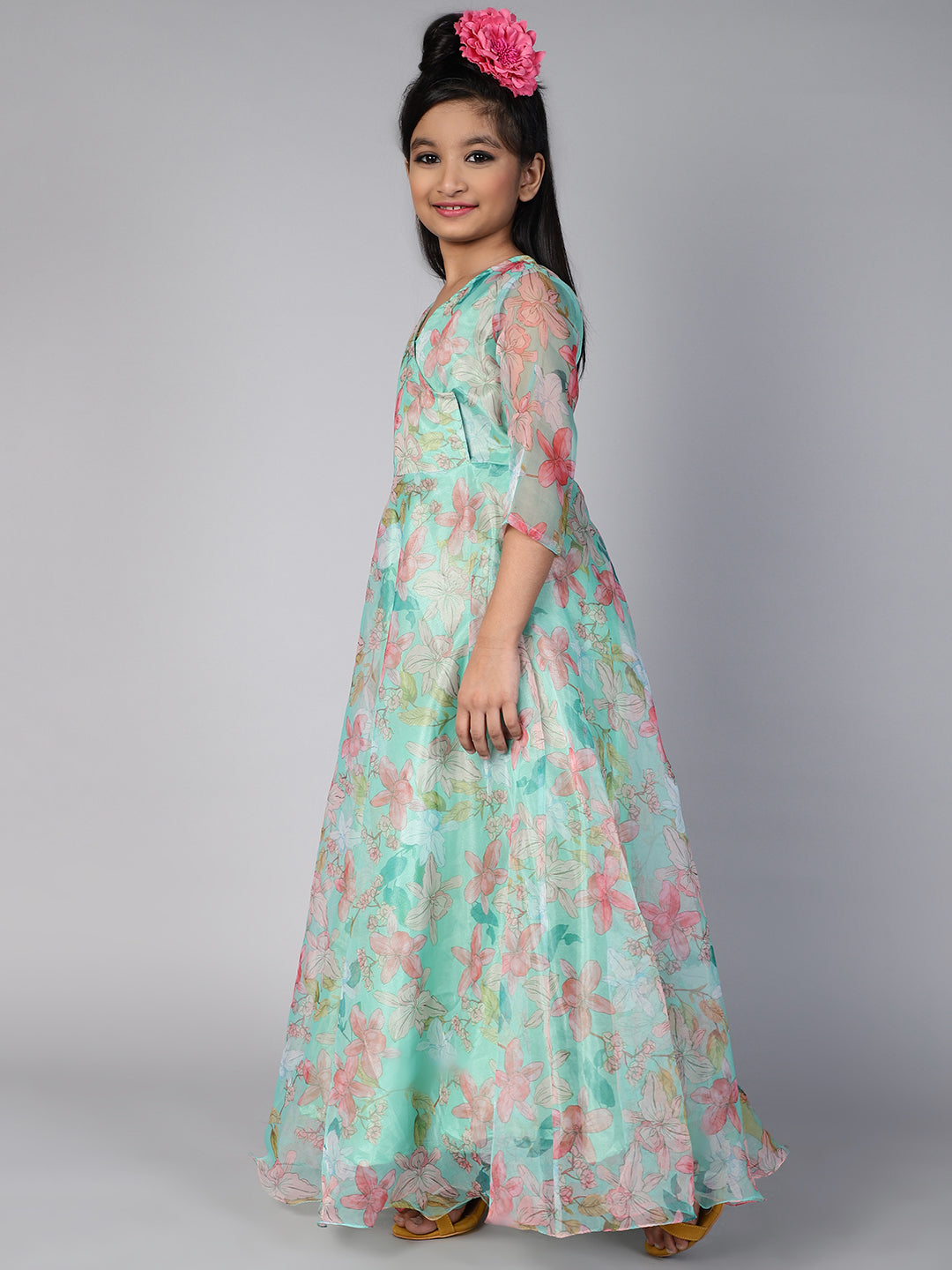 Green Floral Print Maxi Dress - Elganza