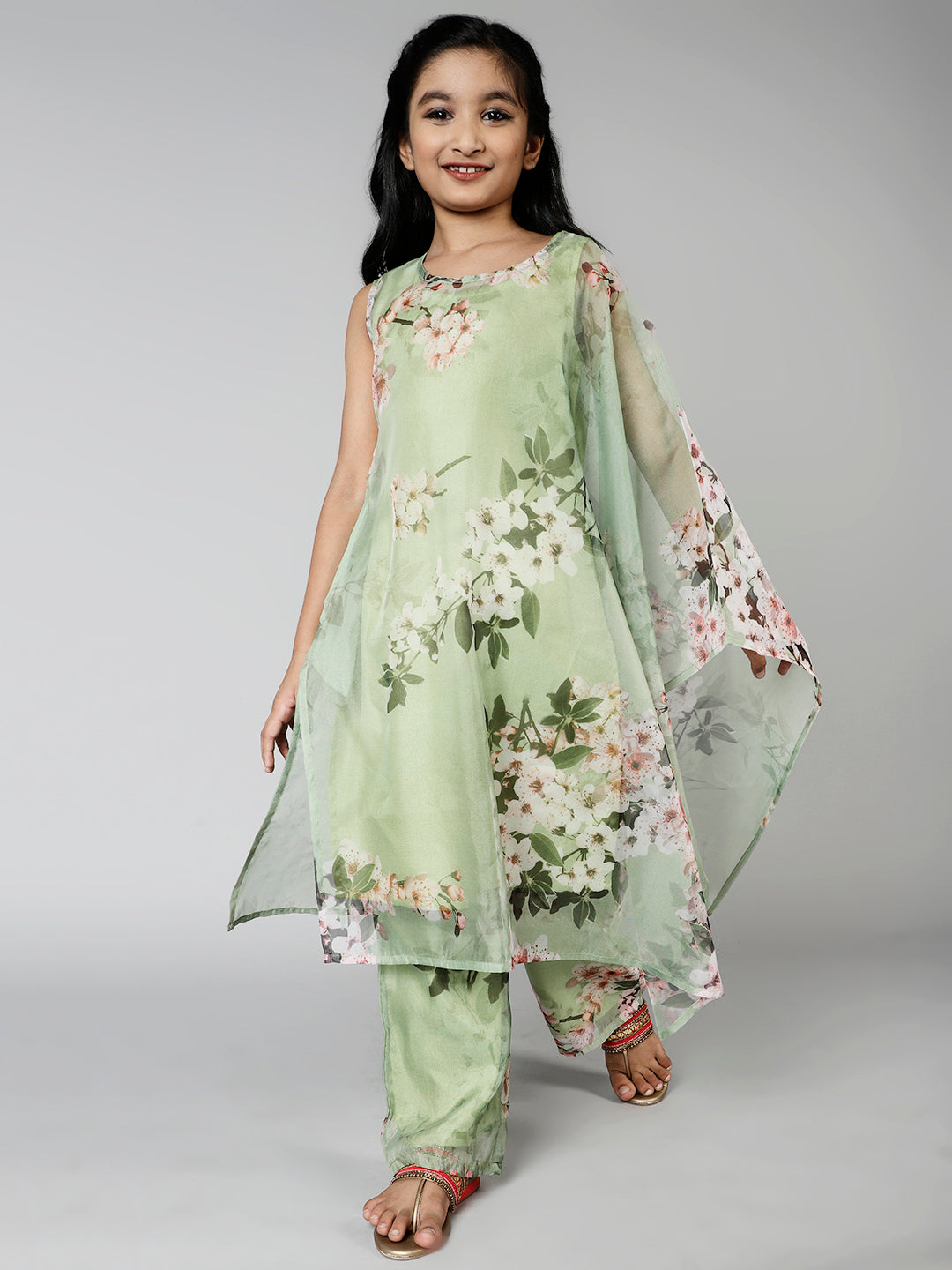 Green Floral Print Kurta With Palazzo - Elganza