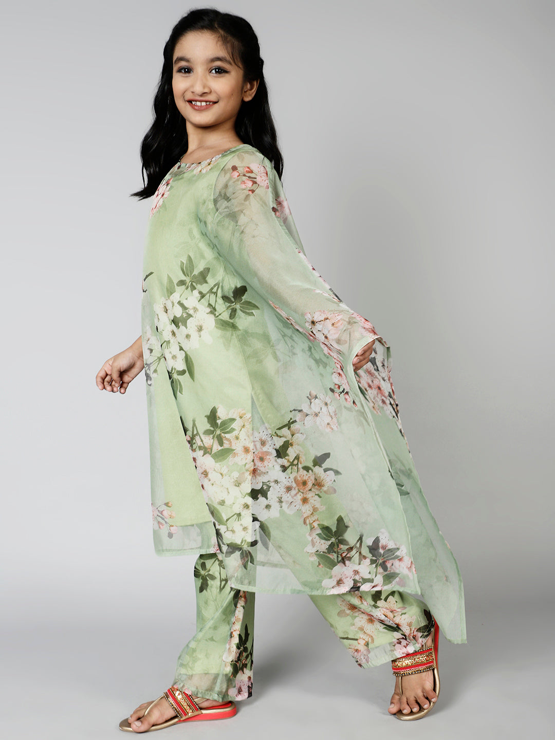 Green Floral Print Kurta With Palazzo - Elganza