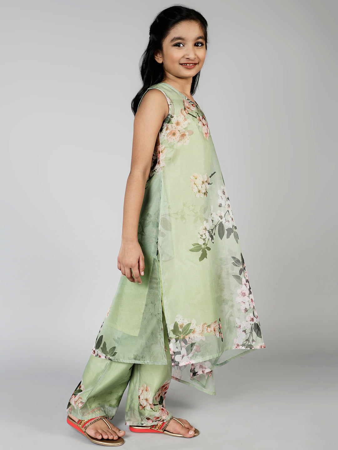 Green Floral Print Kurta With Palazzo - Elganza