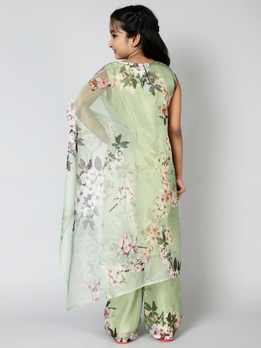 Green Floral Print Kurta With Palazzo - Elganza
